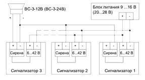 Схема соединения нескольких сигнализаторов МС-3-2Р-DIN-DC на один сигнализатор ВС-3-12В или ВС-3-24В