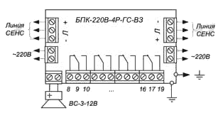 Схема соединений блока питания-коммутации БПК-220В-4Р-ГС-ВЗ