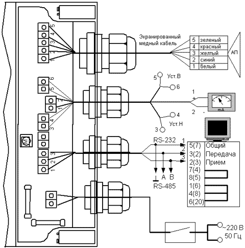 Схема электрическая соединений одноточечного исполнения акустического датчика уровня ЭХО-АС-01