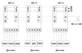 Схема соединений нескольких сигнализаторов с сиреной ВС-3-12В
