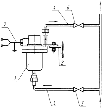 Схема монтажа реле уровня РУ-303, РУ-304 на шунте технологического трубопровода